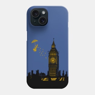 Mary Poppins and Big Ben Linocut Print in black, white and gold Phone Case