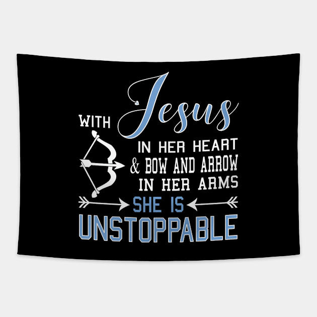 WITH JESUS IN HER HEART & BOW ARROW ARMS SHE Is product Tapestry by nikkidawn74