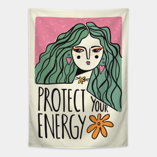 Protect your energy, Inspirational art, 70s, Woman art, Aesthetic poster, Affirmation Tapestry