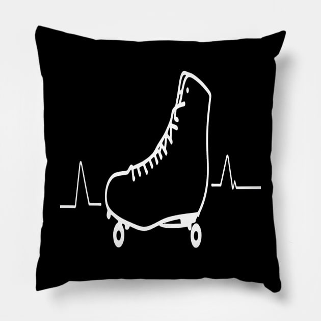 Roller Skate line drawing and heartbeat in white for skaters and roller derby fans Pillow by Customo