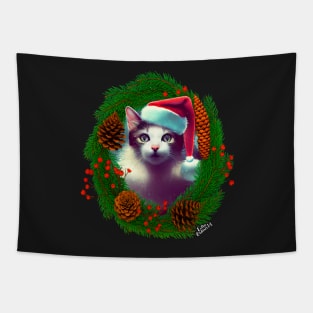Cat in Christmas wreath Tapestry