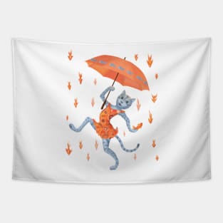Hallelujah! It's raining GOLDfish! Funny cat with umbrella Tapestry