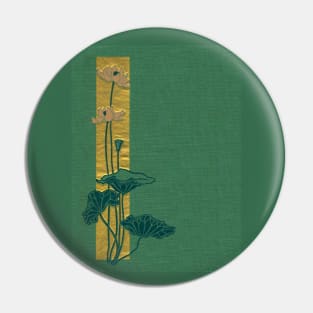 A vintage poetry book cover published in 1899, a minimalist design of pink water lilies on a green linen background, and a bar of hammered gold as an accent. Pin