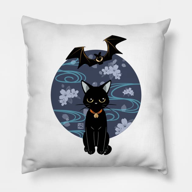 Flyingfox And Black Cat With Cherry Blossom Pillow by BATKEI