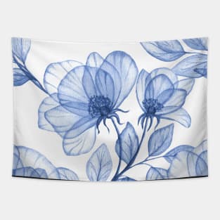 Blue transparent roses watercolor print. Porcelain floral motif. Translucent delicate floral composition Tapestry