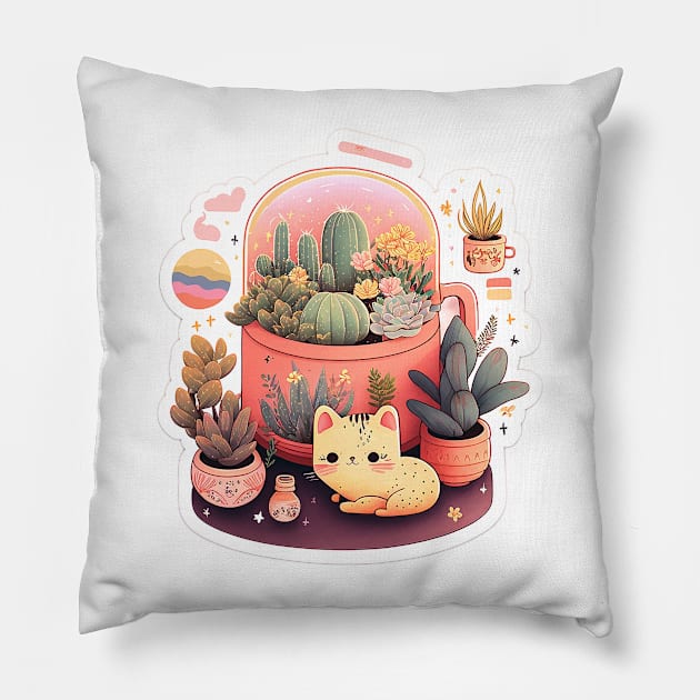 Cute kawaii fluffy cats and plants Pillow by ramith-concept