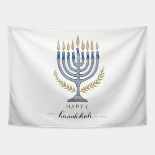 Watercolor Happy Hanukkah Menorah Tapestry