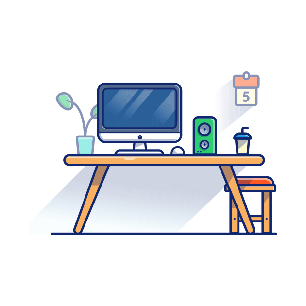 Table, Monitor, Mouse, Speaker, Plant, Calendar, Cup, And Chair Cartoon by Catalyst Labs