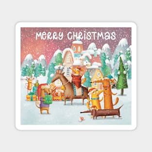 Christmas Greetings from the Winter village with dogs Magnet