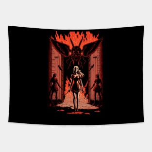 Blond Girl in dress walking out of hell Tapestry
