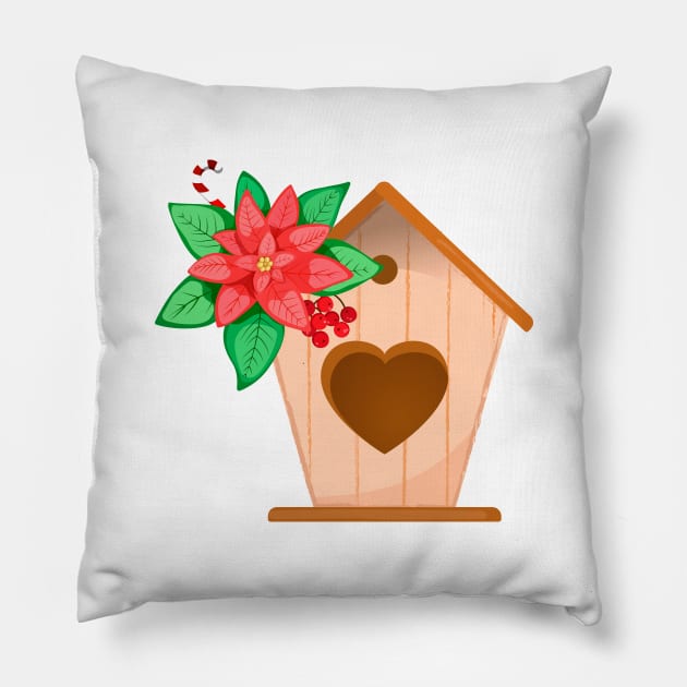 Poinsettia and birdhouse Pillow by  ESHA-Studio