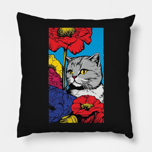 Scottish Fold Cat Vibrant Tropical Flower Tall Retro Vintage Digital Pop Art Portrait 2 Pillow by ArtHouseFlunky