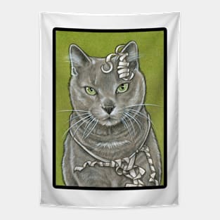 Gray Kitty with Ribbon - Black Outlined Version Tapestry