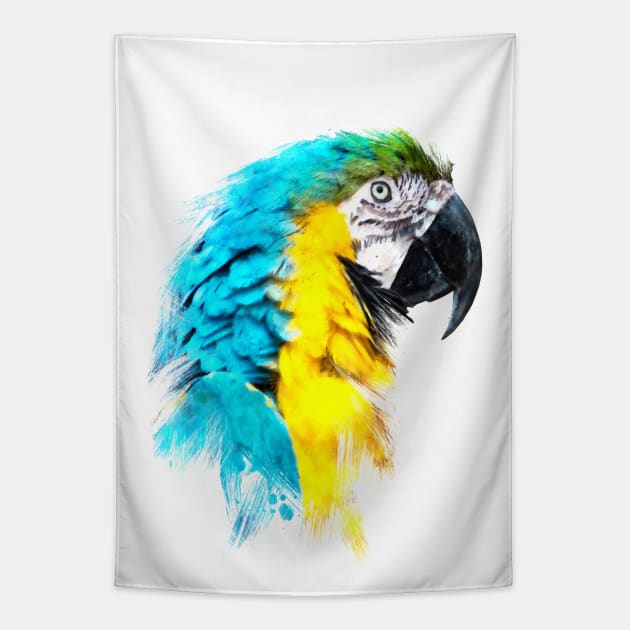 Dramabite Watercolor blue yellow macaw ara parrot artsy artistic painting Tapestry by dramabite