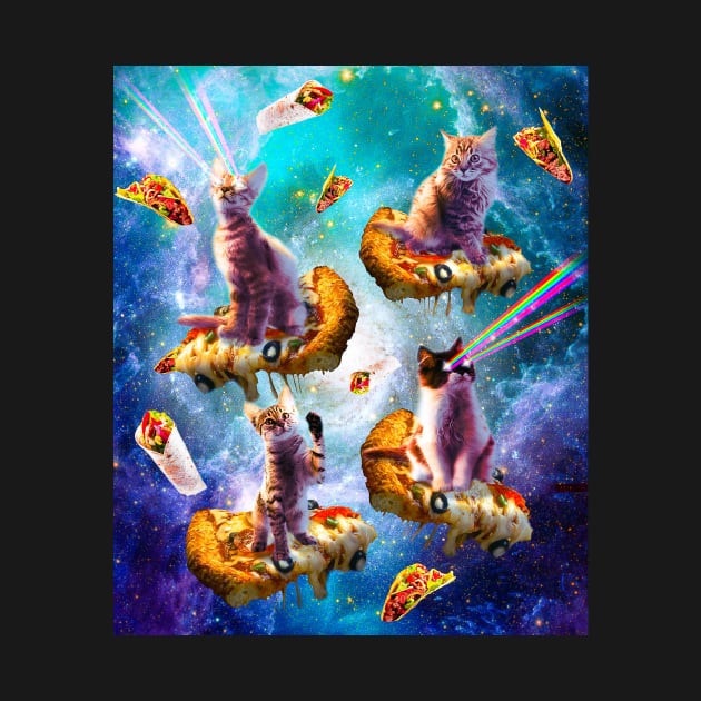 Outer Space Cats With Rainbow Laser Eyes Riding On Pizza by Random Galaxy