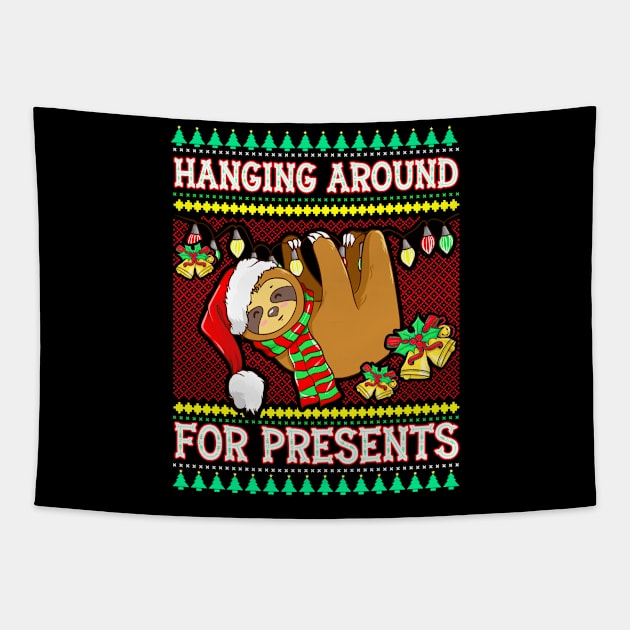 Funny Christmas Sloth Hanging Around For Presents Xmas Gift Tapestry by Ramadangonim