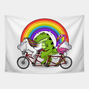 Unicorn Dinosaur Flamingo Riding Bicycle Tapestry