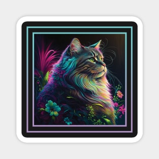 Majestic Maine Coon Cat Vibrant Tropical Flower Digital Oil Painting Pet Portrait Magnet