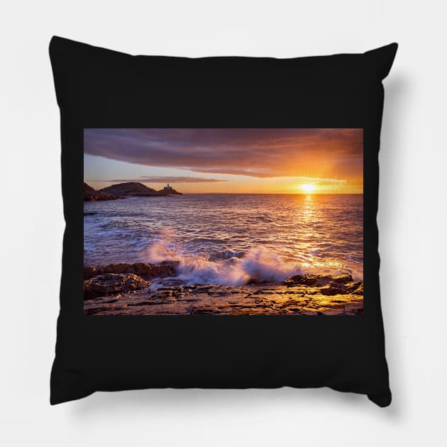 Mumbles Lighthouse, Bracelet Bay, Swansea Pillow by dasantillo