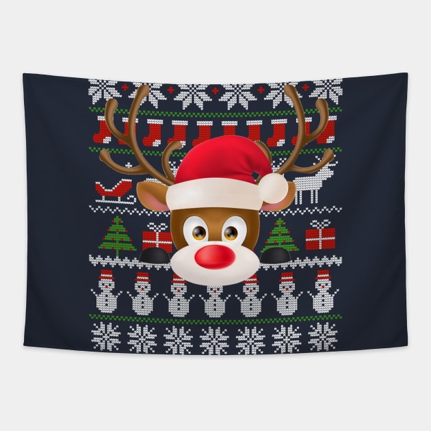 Funny Reindeer Rudolph Santa Ugly Christmas Sweater Gift Tapestry by peter2art