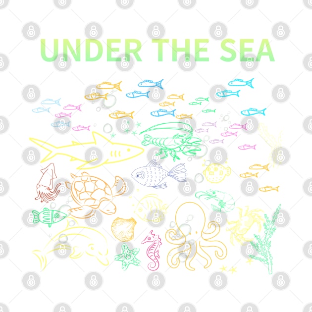 under the sea,blue sea,sea creatures,Turtle, puffer fish, starfish, shrimp, shark, tropical fish, sea horse, seaweed, sardines, squid, crabs, clams by zzzozzo