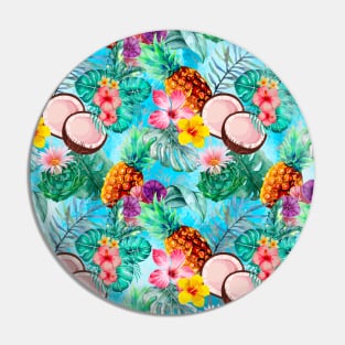 tropical pineapple exotic botanical illustration with floral tropical fruits, blue aqua fruit pattern over a Pin