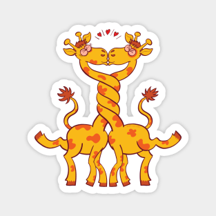 Sweet couple of giraffes intertwining necks and kissing Magnet