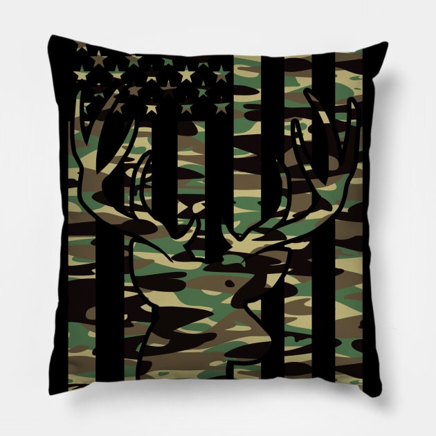 Camo USA Flag with Camouflage Deer Patriotic Hunter Pillow by Beautiful Butterflies by Anastasia