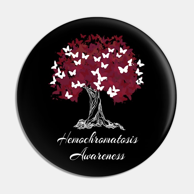 Hemochromatosis Awareness Red Ribbon Tree With Butterflies Pin by MerchAndrey