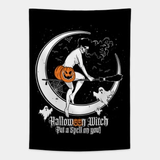 Halloween Witch, Put a Spell on you! Trick or Treat, scary art, pumpkin, skull, bat, horror tshirt Tapestry