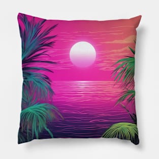 Neon Shoreline Serenity: Vibrant Sunset by the Beach Pillow