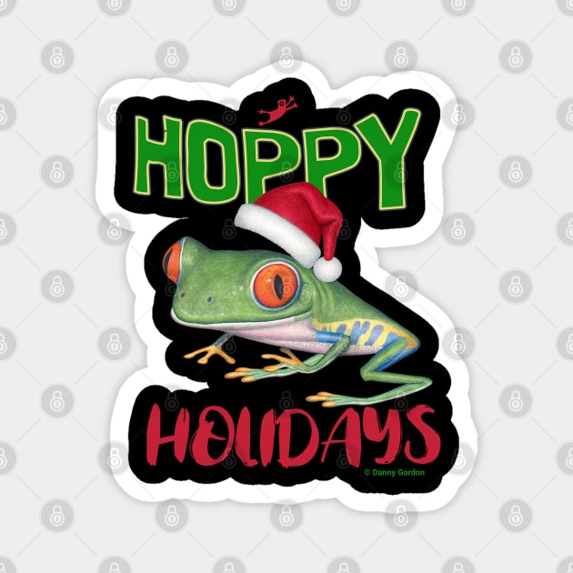 Cute Red Eyed Tree Frog on a Merry Christmas Hoppy Holidays Frog Magnet by Danny Gordon Art