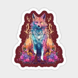 Colorful Wolf With Flowers Magnet