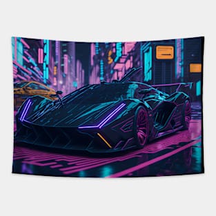 Dark Neon City Sports Car Tapestry