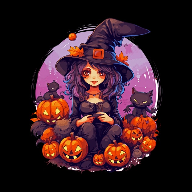 Halloween Witch Black Cats Jack-o-Lanterns by Tees 4 Thee
