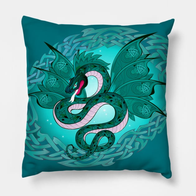 Green Celtic dragon Pillow by Artist Natalja Cernecka