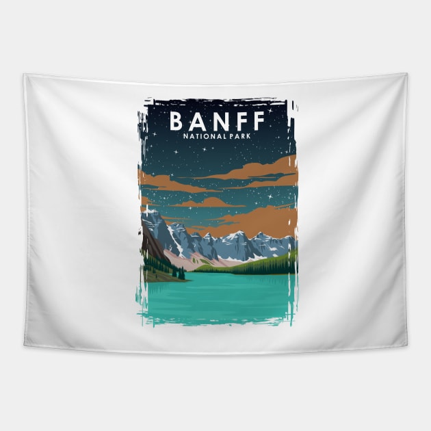 Banff National Park Vintage Minimal Retro Travel Poster at Night Tapestry by jornvanhezik