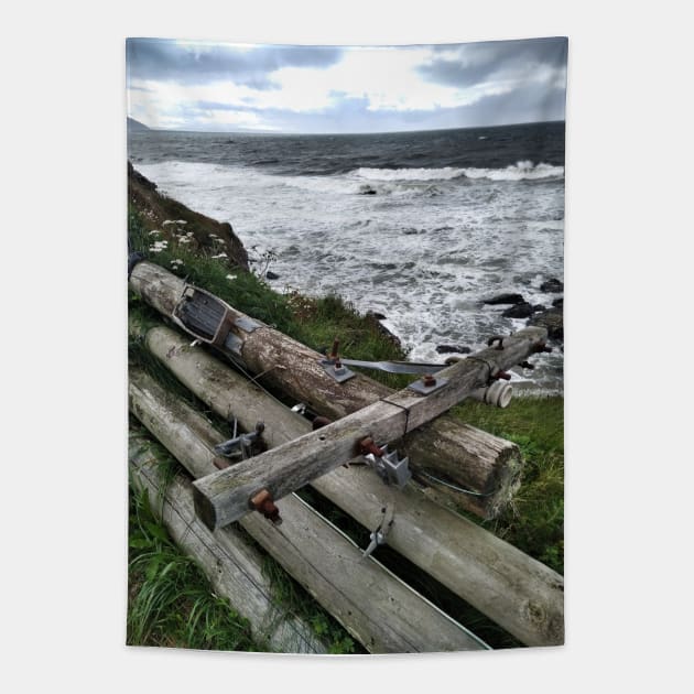 A stack of telegraph poles acting as a barrier, Kintyre, Scotland Tapestry by richflintphoto