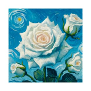 White Rose Painting Blue Background Van Gogh Style Painting Digital Art T-Shirt