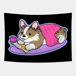 Cute Corgi Reading Book Tapestry