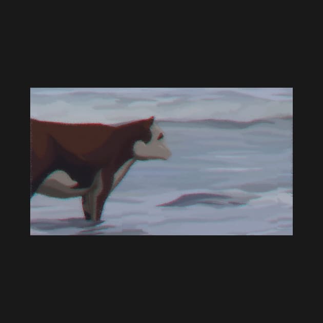 Cow on beach, distorted by daddymactinus