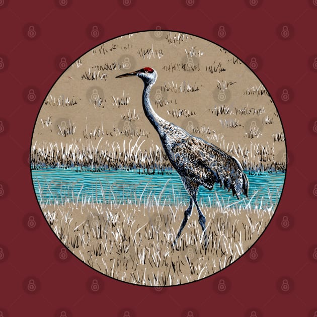 Sandhill Crane color ink drawing by tsd-fashion