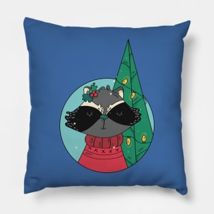 Cute Christmas Raccoon in Holiday Sweater and Christmas Tree Pillow