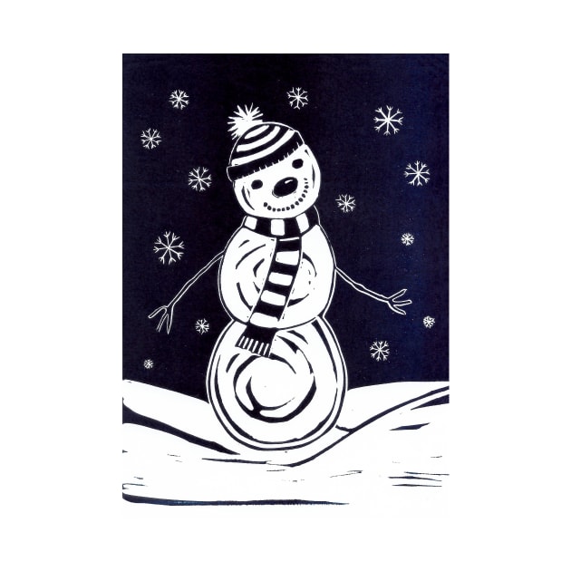 Christmas Snowman Linocut by Maddybennettart