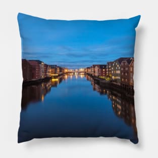 The old city of Trondheim and Nidelva River at evening. Norway Pillow