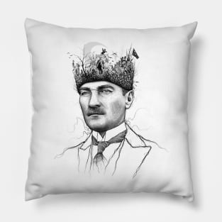 Mustafa Kemal Ataturk Drawing President of Turkey. Collage Illustration with Important Moments. Pillow