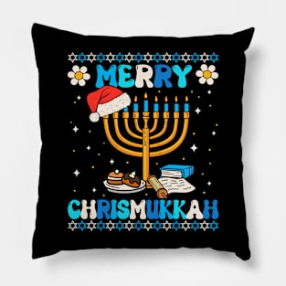 Merry Chrismukkah Groovy Ugly Xmas Funny Hanukkah Christmas Pillow