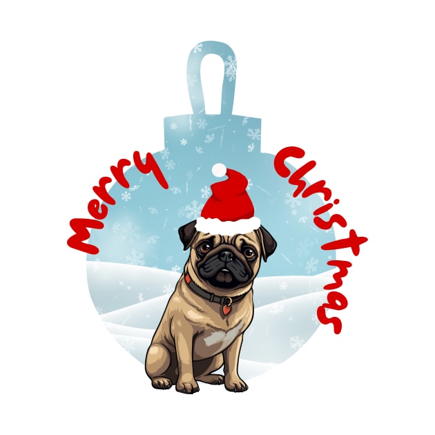 Merry Christmas with Santa Pug Dog in Wintery Xmas Bauble by Seasonal Dogs