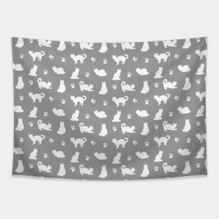 White Cats and Paw Prints on Grey Tapestry