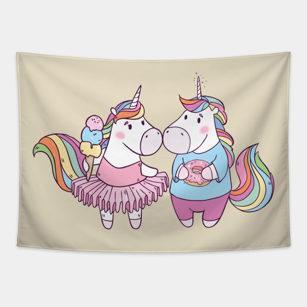 Unicorns in Love with Donut and Ice cream Tapestry by Olya Yatsenko